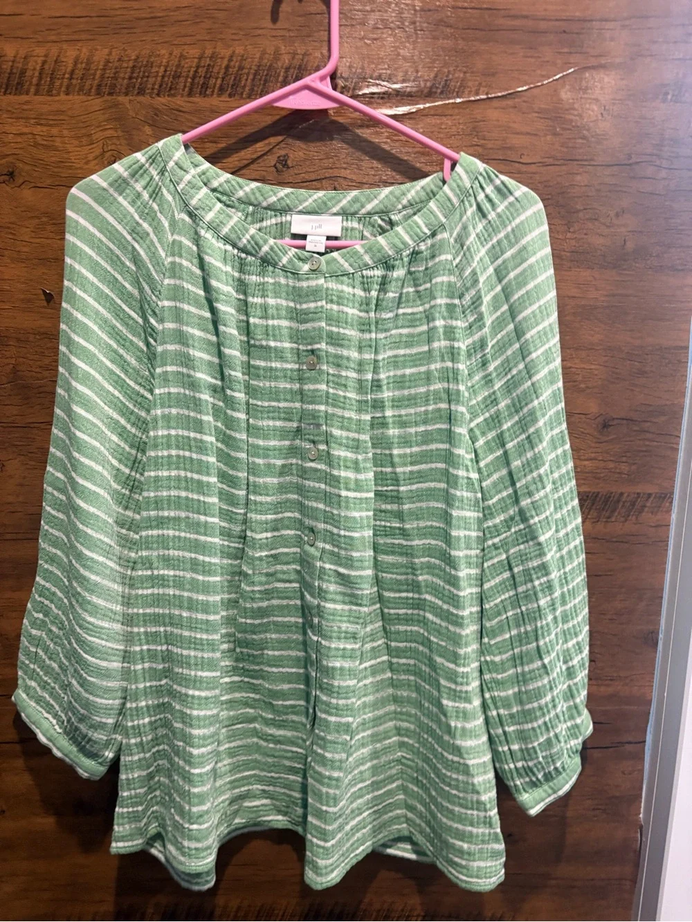 J. Jill Relaxed Green Stripe Button-Front Women’s Top - Picture 2 of 7
